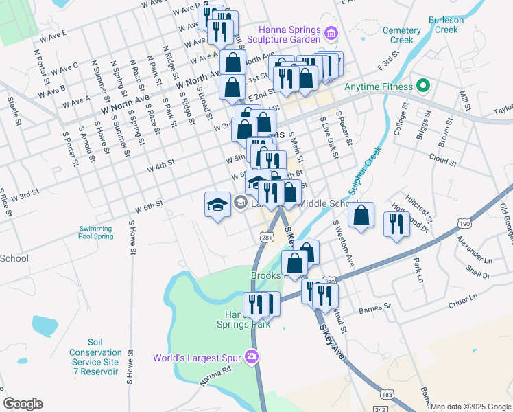 map of restaurants, bars, coffee shops, grocery stores, and more near 207 West 8th Street in Lampasas