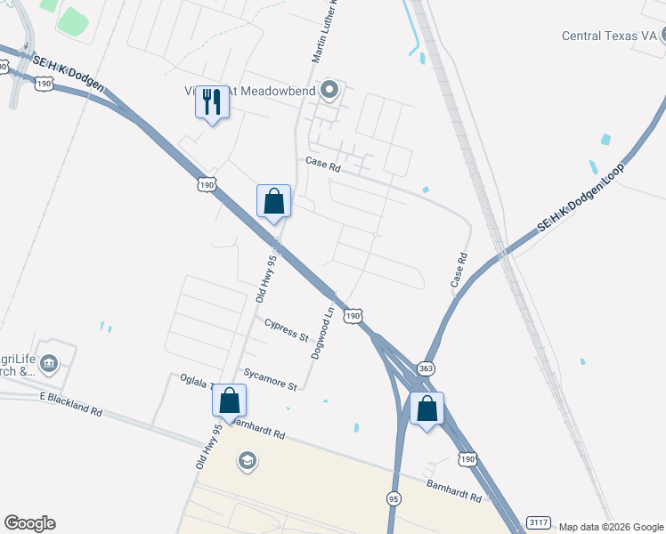map of restaurants, bars, coffee shops, grocery stores, and more near 3120 Clevelander Drive in Temple