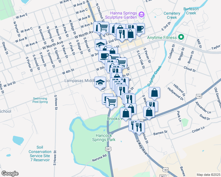 map of restaurants, bars, coffee shops, grocery stores, and more near 207 West 8th Street in Lampasas