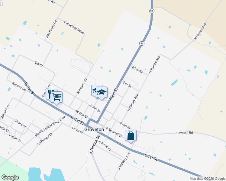 map of restaurants, bars, coffee shops, grocery stores, and more near Main Street in Groveton