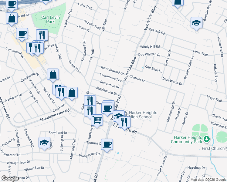 map of restaurants, bars, coffee shops, grocery stores, and more near 938 Rosewood Drive in Harker Heights