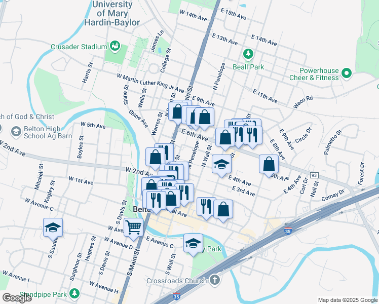 map of restaurants, bars, coffee shops, grocery stores, and more near 440 North Penelope Street in Belton