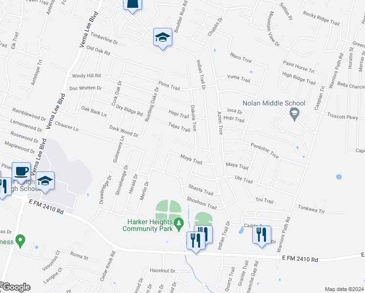 map of restaurants, bars, coffee shops, grocery stores, and more near 1411 Mohican Trail in Harker Heights