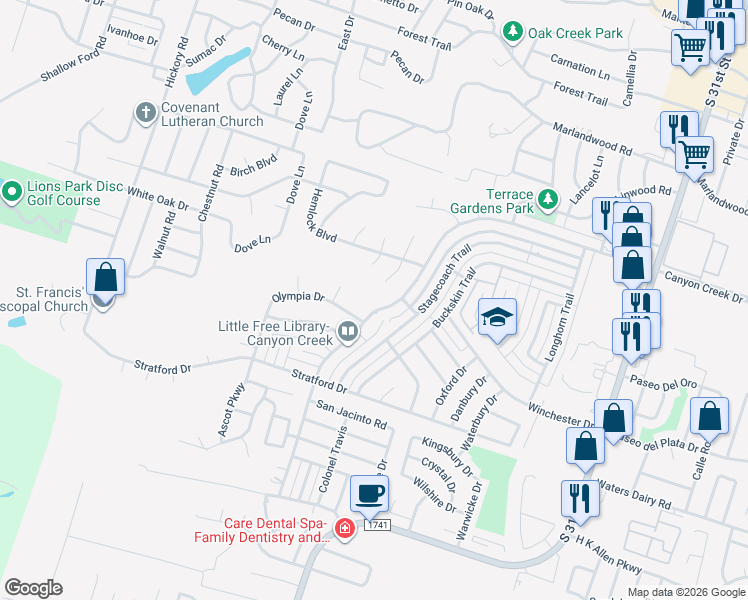 map of restaurants, bars, coffee shops, grocery stores, and more near 2512 Canyon Creek Drive in Temple