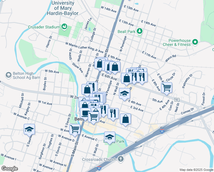 map of restaurants, bars, coffee shops, grocery stores, and more near 440 North Penelope Street in Belton