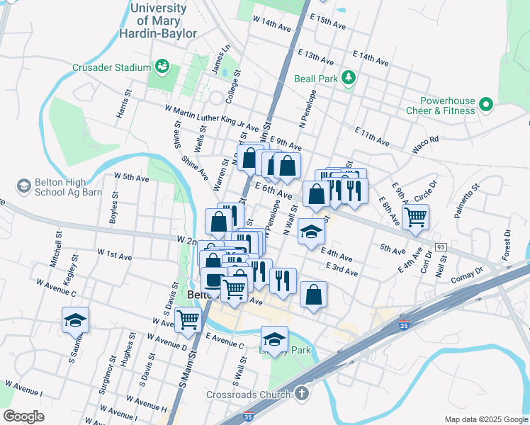 map of restaurants, bars, coffee shops, grocery stores, and more near 255 East 5th Avenue in Belton