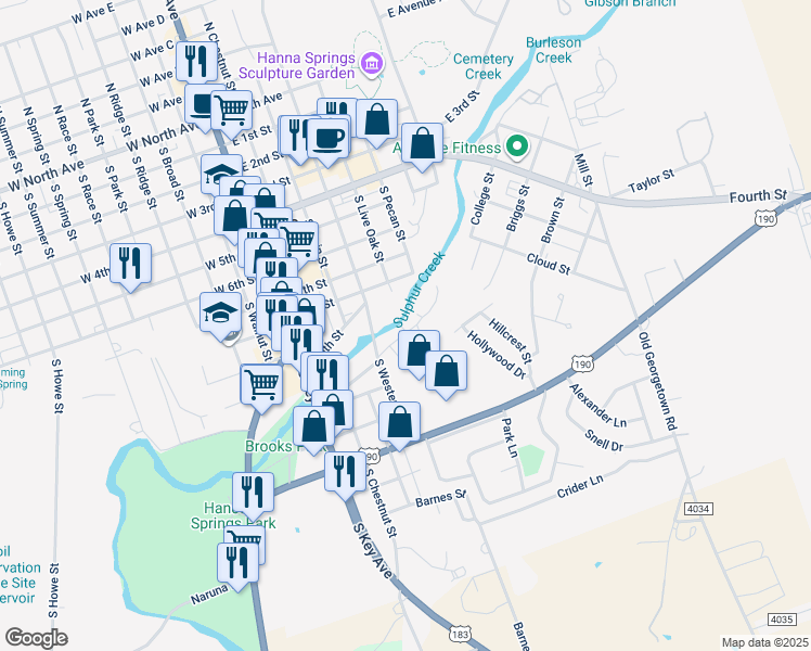 map of restaurants, bars, coffee shops, grocery stores, and more near 402 East 8th Street in Lampasas