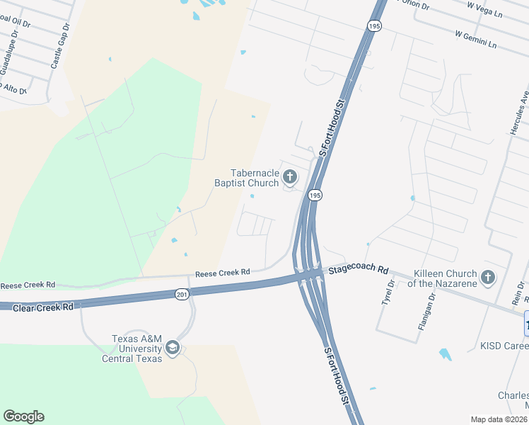 map of restaurants, bars, coffee shops, grocery stores, and more near 207 Study Hall Loop in Killeen