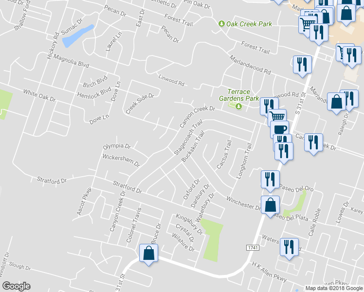 map of restaurants, bars, coffee shops, grocery stores, and more near 4414 Stagecoach Trail in Temple