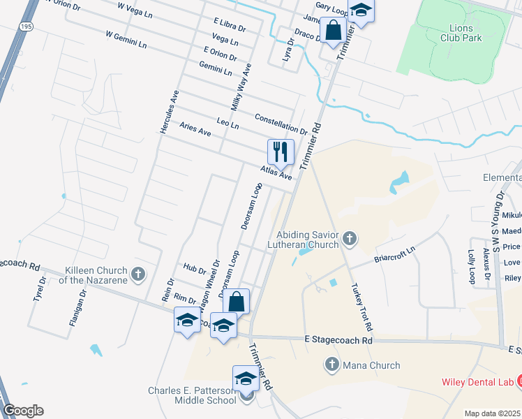 map of restaurants, bars, coffee shops, grocery stores, and more near 6600 Deorsam Loop in Killeen