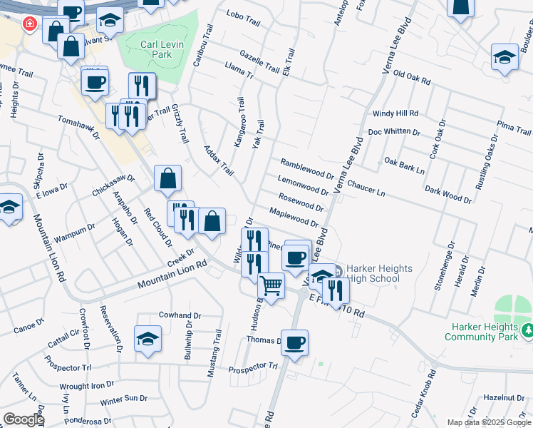 map of restaurants, bars, coffee shops, grocery stores, and more near 906 Maplewood Drive in Harker Heights