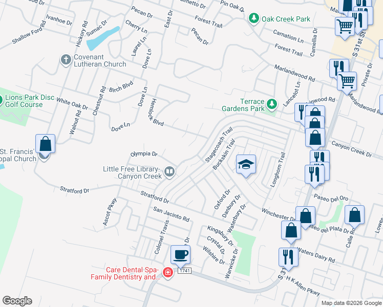map of restaurants, bars, coffee shops, grocery stores, and more near 2512 Canyon Creek Drive in Temple
