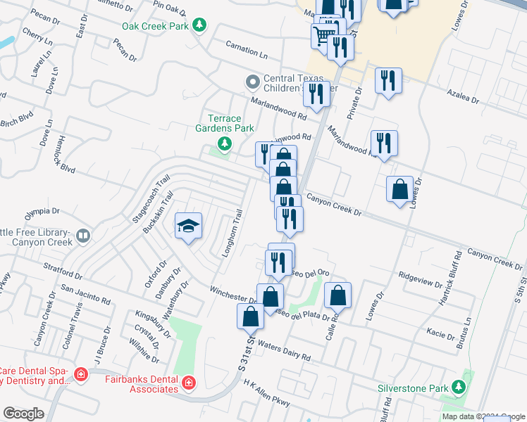 map of restaurants, bars, coffee shops, grocery stores, and more near 1617 Canyon Creek Drive in Temple