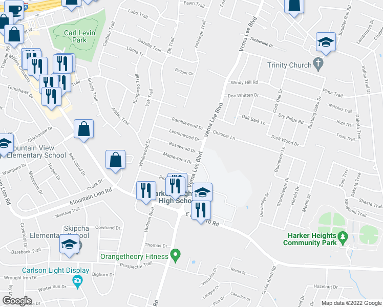 map of restaurants, bars, coffee shops, grocery stores, and more near 936 Rosewood Drive in Harker Heights