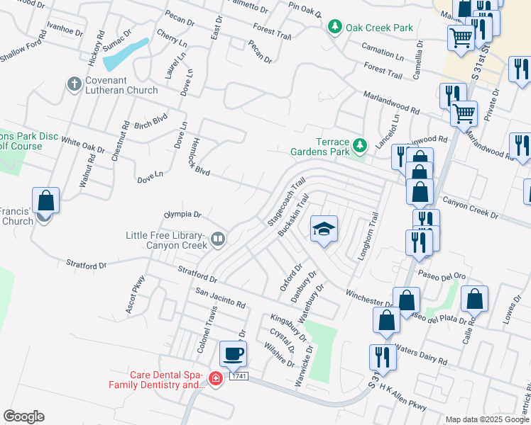 map of restaurants, bars, coffee shops, grocery stores, and more near 2441 Canyon Creek Drive in Temple