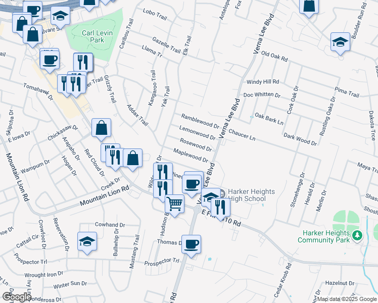 map of restaurants, bars, coffee shops, grocery stores, and more near 923 Maplewood Drive in Harker Heights