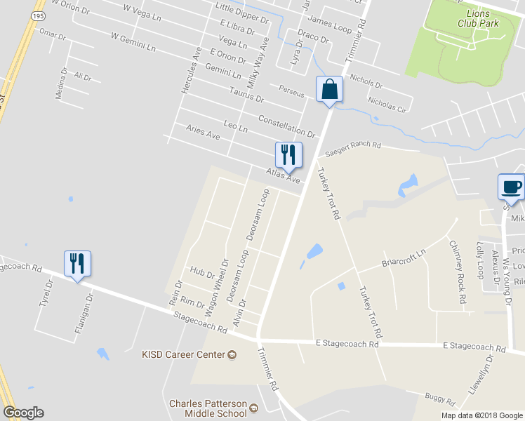 map of restaurants, bars, coffee shops, grocery stores, and more near 6600 Deorsam Loop in Killeen