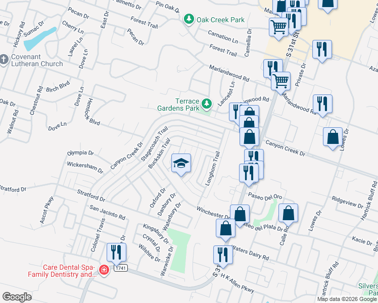 map of restaurants, bars, coffee shops, grocery stores, and more near 4305 Ponderosa Lane in Temple