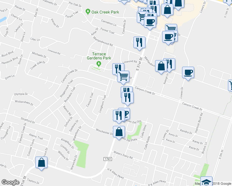 map of restaurants, bars, coffee shops, grocery stores, and more near 1617 Canyon Creek Drive in Temple