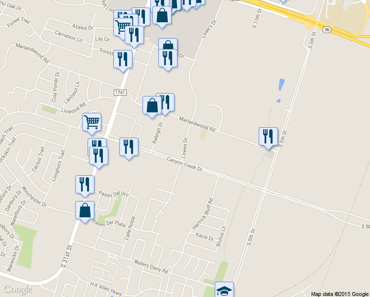 map of restaurants, bars, coffee shops, grocery stores, and more near Lowes Drive in Temple