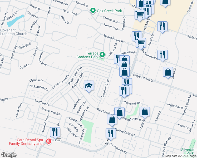 map of restaurants, bars, coffee shops, grocery stores, and more near 4305 Ponderosa Lane in Temple