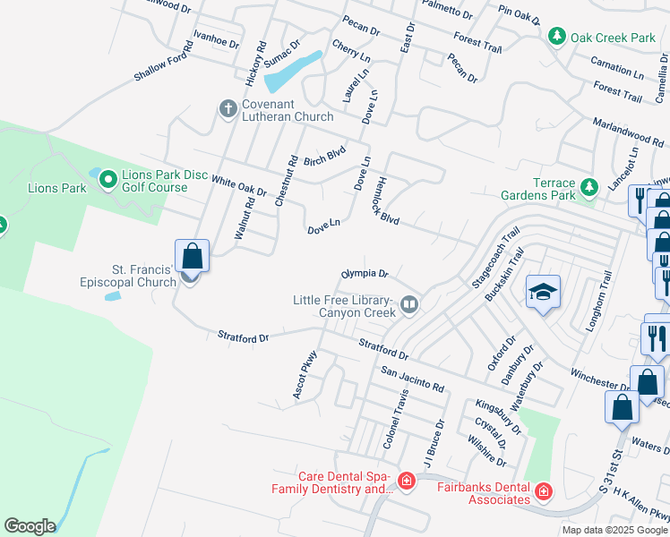 map of restaurants, bars, coffee shops, grocery stores, and more near 2906 Olympia Drive in Temple