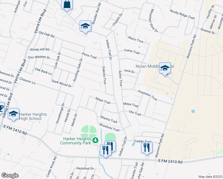 map of restaurants, bars, coffee shops, grocery stores, and more near 1717b Indian Trail in Harker Heights