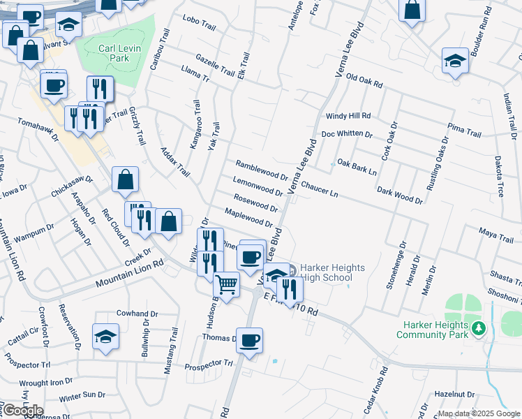 map of restaurants, bars, coffee shops, grocery stores, and more near 923 Maplewood Drive in Harker Heights