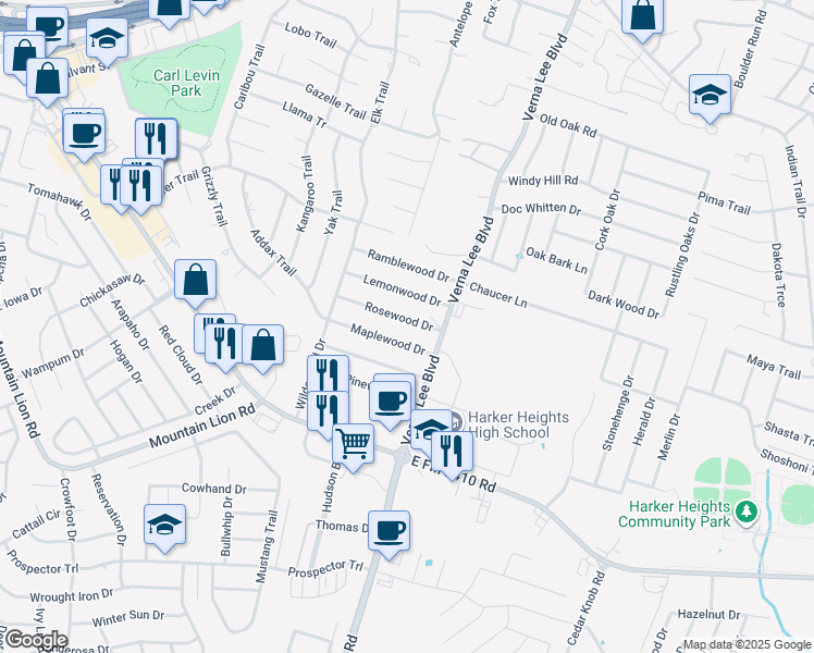 map of restaurants, bars, coffee shops, grocery stores, and more near 928 Rosewood Drive in Harker Heights