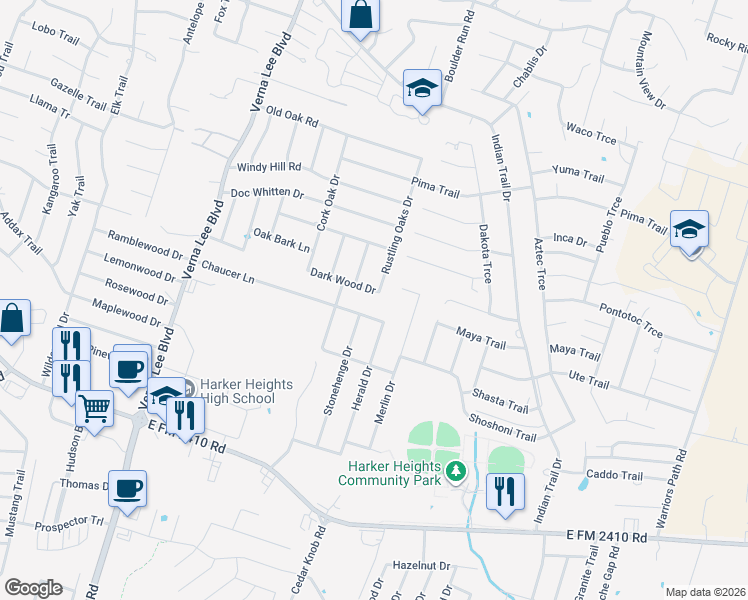 map of restaurants, bars, coffee shops, grocery stores, and more near 1210 Dark Wood Drive in Harker Heights
