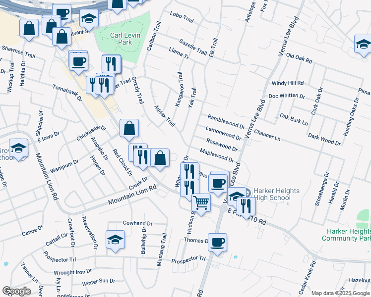 map of restaurants, bars, coffee shops, grocery stores, and more near 2308 Wildewood Drive in Harker Heights