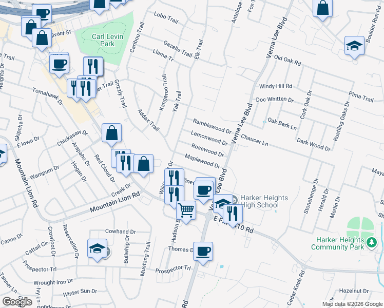 map of restaurants, bars, coffee shops, grocery stores, and more near 913 Maplewood Drive in Harker Heights