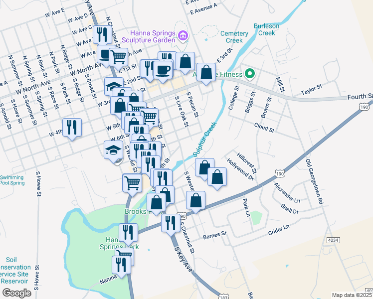 map of restaurants, bars, coffee shops, grocery stores, and more near 402 E 8th St in Lampasas