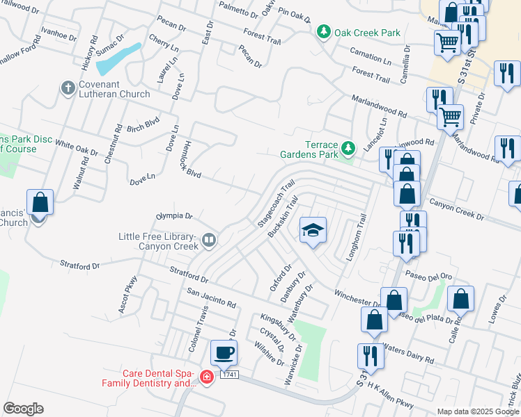 map of restaurants, bars, coffee shops, grocery stores, and more near 2441 Canyon Creek Drive in Temple