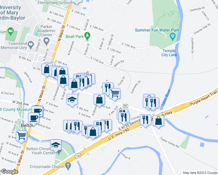 map of restaurants, bars, coffee shops, grocery stores, and more near 805 East 9th Avenue in Belton