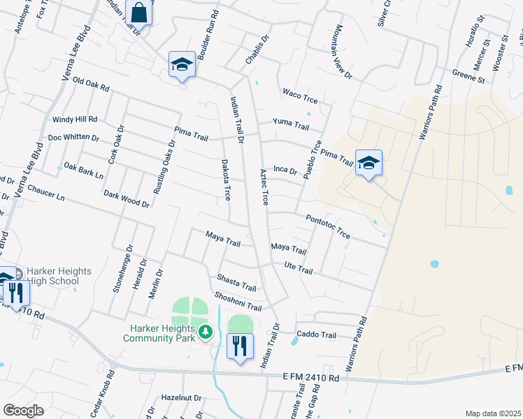 map of restaurants, bars, coffee shops, grocery stores, and more near 1600 Pontotoc Trce in Harker Heights