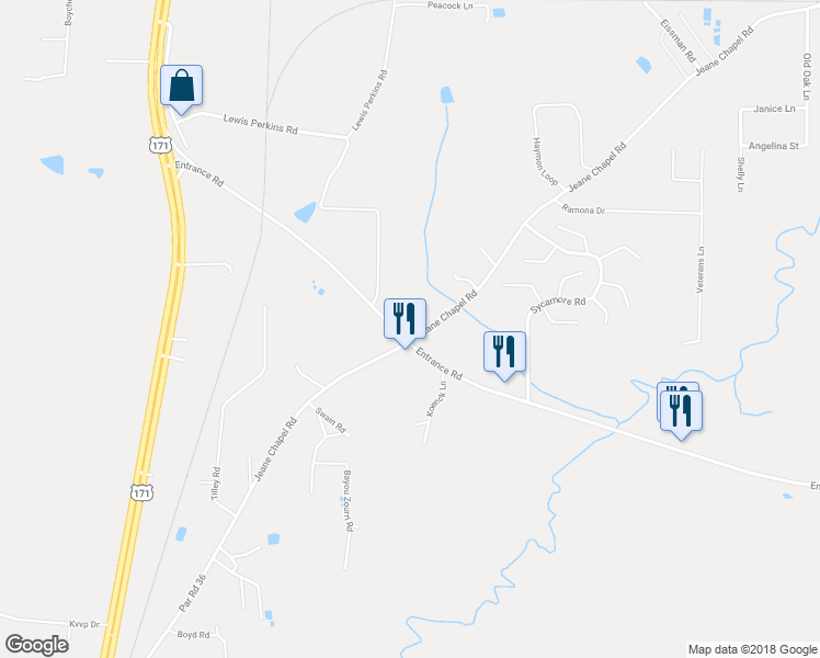 map of restaurants, bars, coffee shops, grocery stores, and more near 467 Entrance Road in Leesville