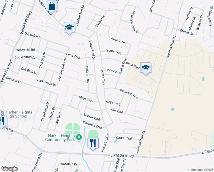 map of restaurants, bars, coffee shops, grocery stores, and more near 1600 Pontotoc Trce in Harker Heights