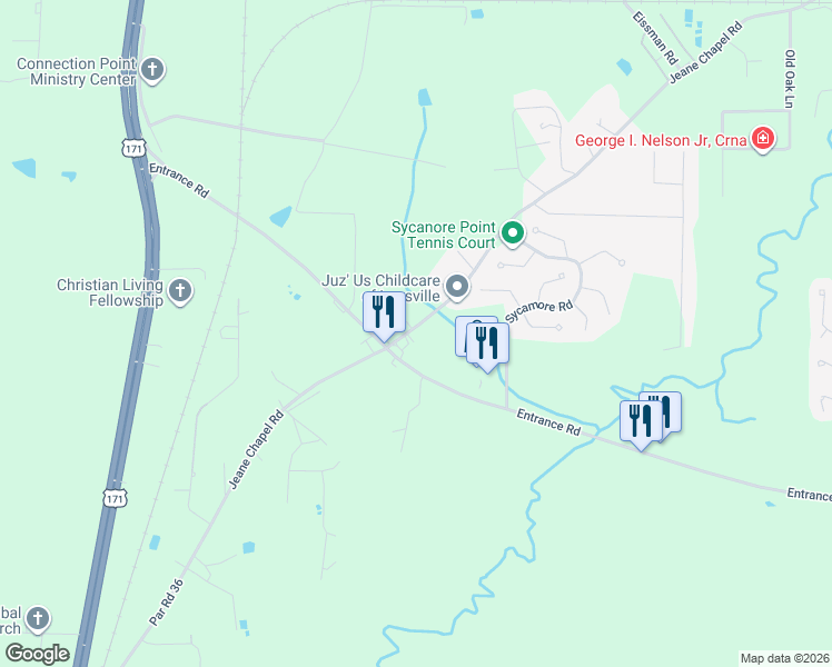 map of restaurants, bars, coffee shops, grocery stores, and more near 742 Jeane Chapel Road in Leesville