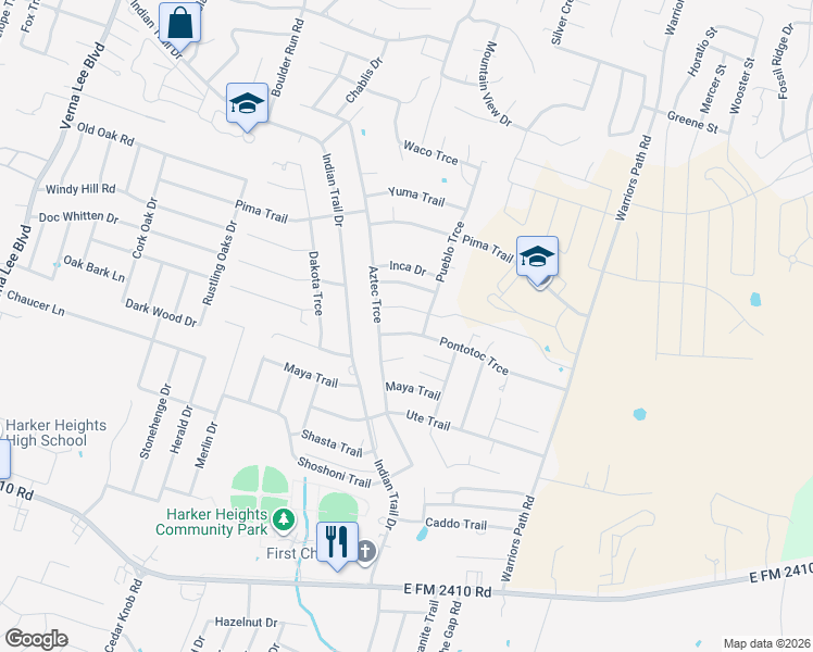 map of restaurants, bars, coffee shops, grocery stores, and more near 1613 Pontotoc Trce in Harker Heights
