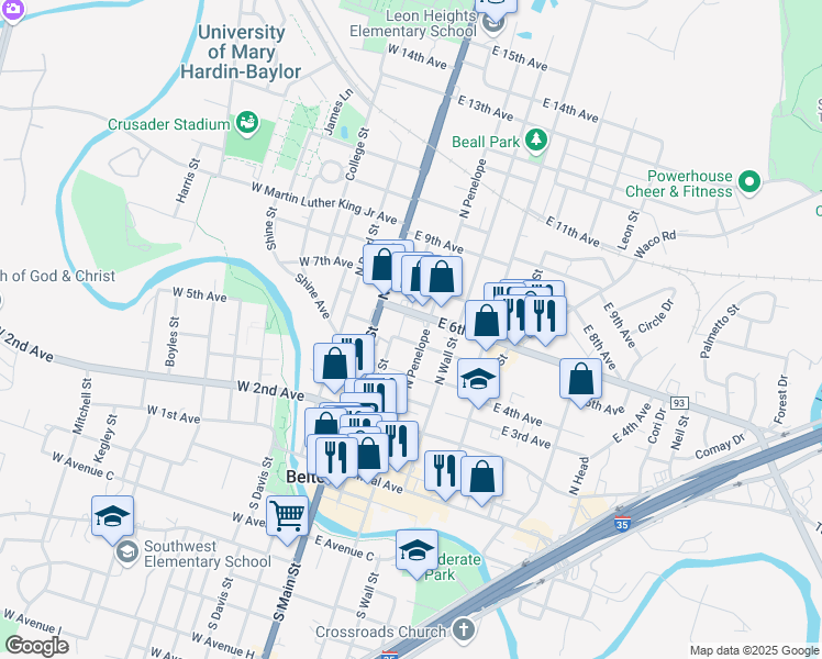map of restaurants, bars, coffee shops, grocery stores, and more near 525 North Main Street in Belton