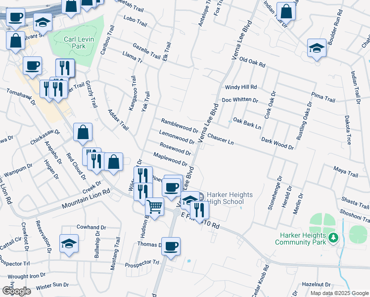 map of restaurants, bars, coffee shops, grocery stores, and more near 938 Rosewood Drive in Harker Heights