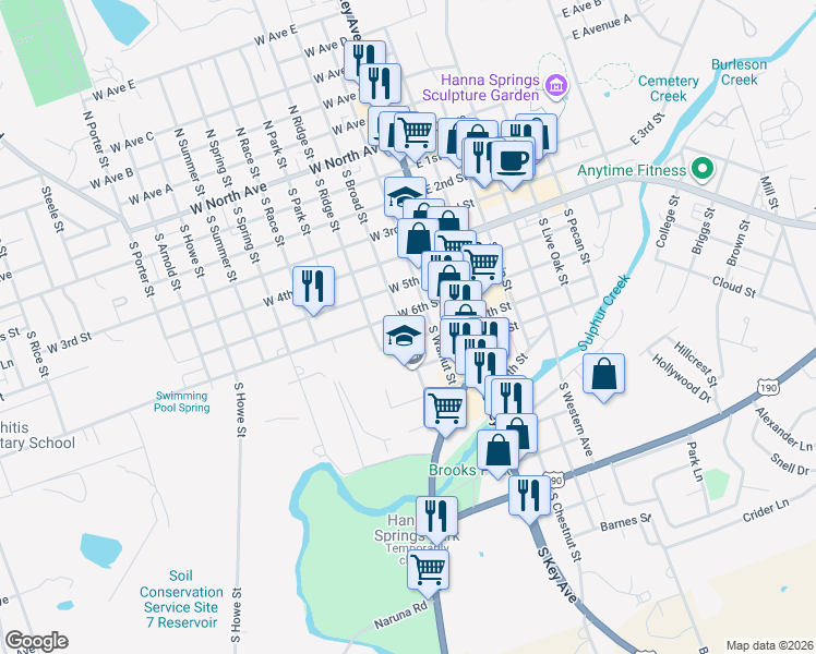 map of restaurants, bars, coffee shops, grocery stores, and more near 705 South Broad Street in Lampasas