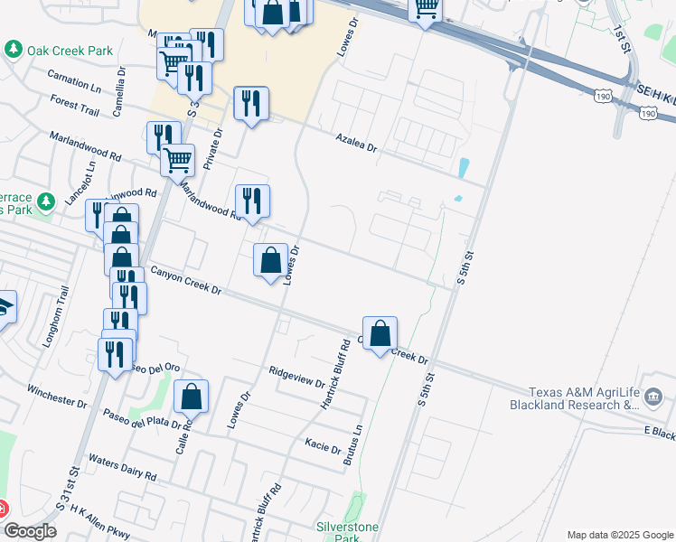 map of restaurants, bars, coffee shops, grocery stores, and more near 763 Marlandwood Road in Temple