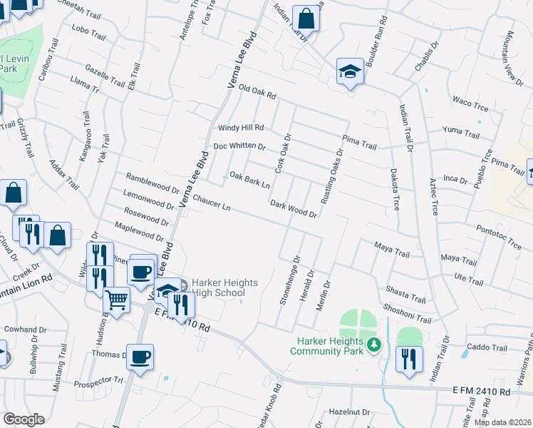 map of restaurants, bars, coffee shops, grocery stores, and more near 1121 Chaucer Lane in Harker Heights