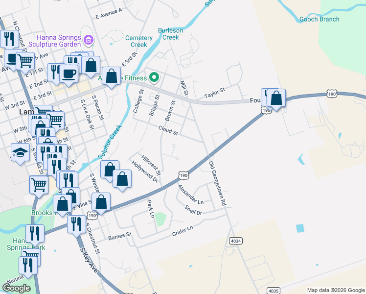 map of restaurants, bars, coffee shops, grocery stores, and more near 1308 Cloud Street in Lampasas