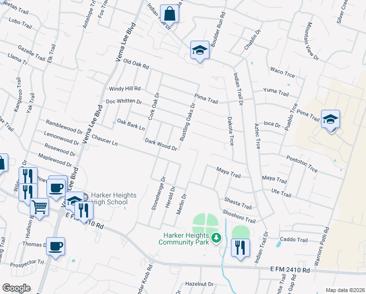 map of restaurants, bars, coffee shops, grocery stores, and more near 1210 Dark Wood Drive in Harker Heights