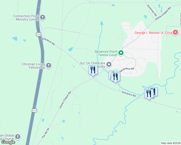 map of restaurants, bars, coffee shops, grocery stores, and more near 742 Jeane Chapel Road in Leesville