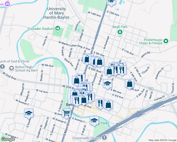 map of restaurants, bars, coffee shops, grocery stores, and more near 525 North Main Street in Belton