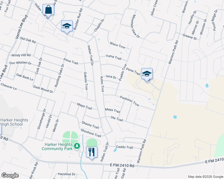 map of restaurants, bars, coffee shops, grocery stores, and more near 1614 Hopi Trail in Harker Heights